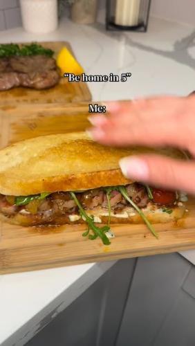 Steak Sandwich with Roasted Garlic Mayo, Balsamic Tomatoes & Caramelized Onions