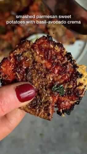 CRISPY PARMESAN-CRUSTED SWEET POTATOES DIPPED IN AVOCADO-BASIL CREMA