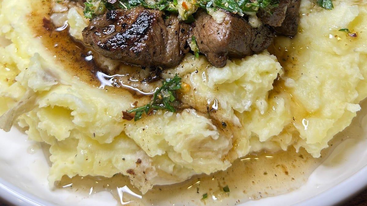 Chimichurri Steak Bites over Creamy Mash (My go-to dinner to impress) 