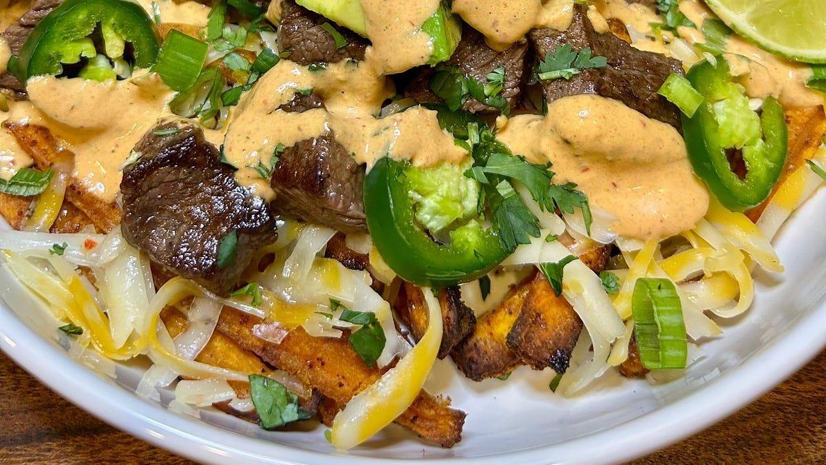 Loaded Sweet Potato Fries with Steak & Chipotle Crema 