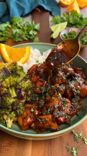 Cilantro Orange Chicken Bites with Roasted Broccoli & Onions